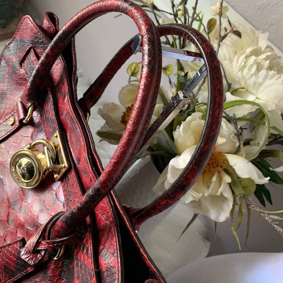 Michael Kors Red Leather Hamilton Tote Bag Large Exotic Python Purse - Picture 3 of 16